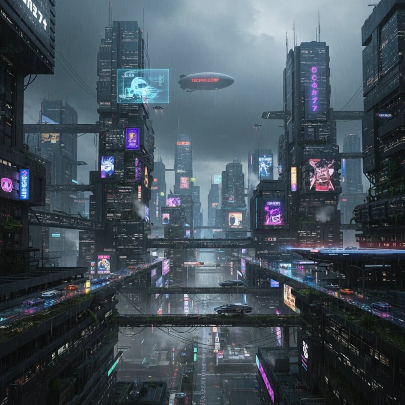 Cyberpunk futuristic cityscape with neon lights and flying vehicles - AI generated art example