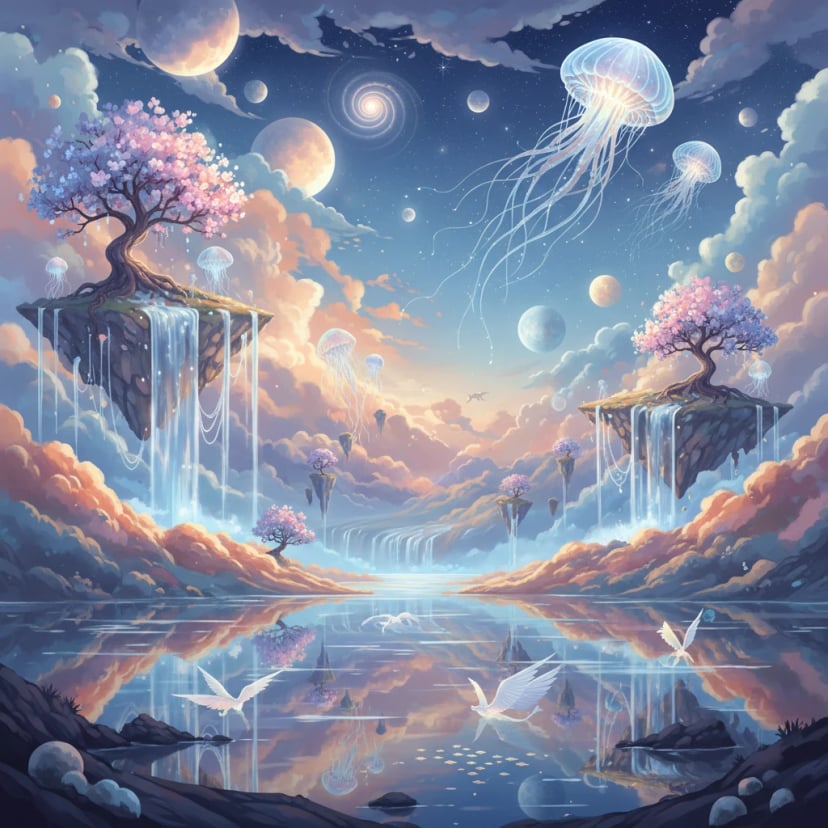 Digital landscape with surreal elements and dreamy atmosphere - Artistic AI-generated image