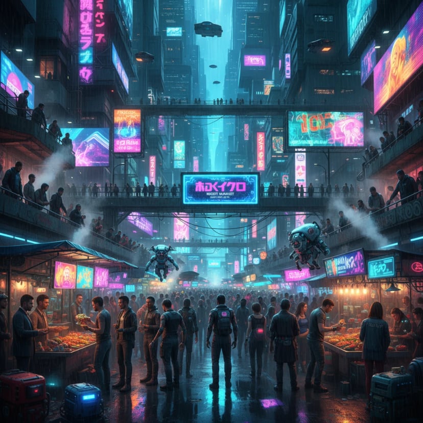Cyberpunk marketplace scene with diverse crowd and neon lights - Vibrant AI art example