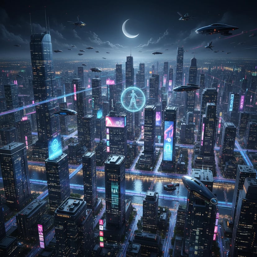 Futuristic city skyline at night with flying vehicles - Cinematic AI-generated art