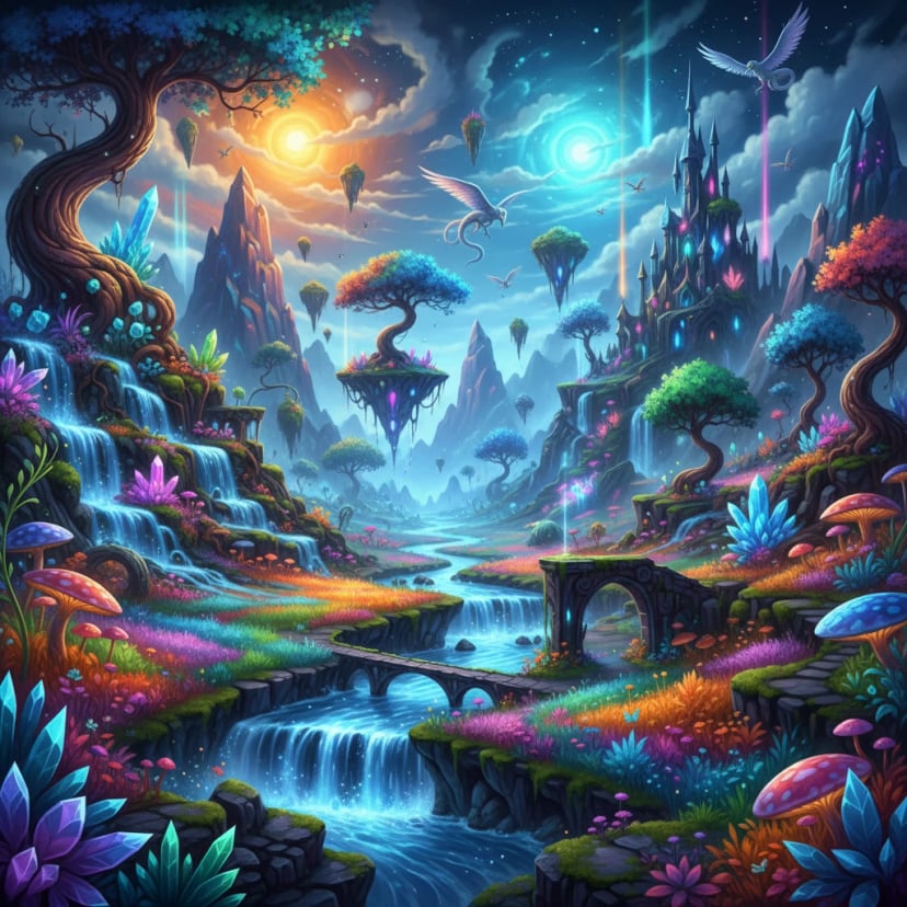 Fantasy world with magical elements and vibrant colors - Detailed landscape AI artwork