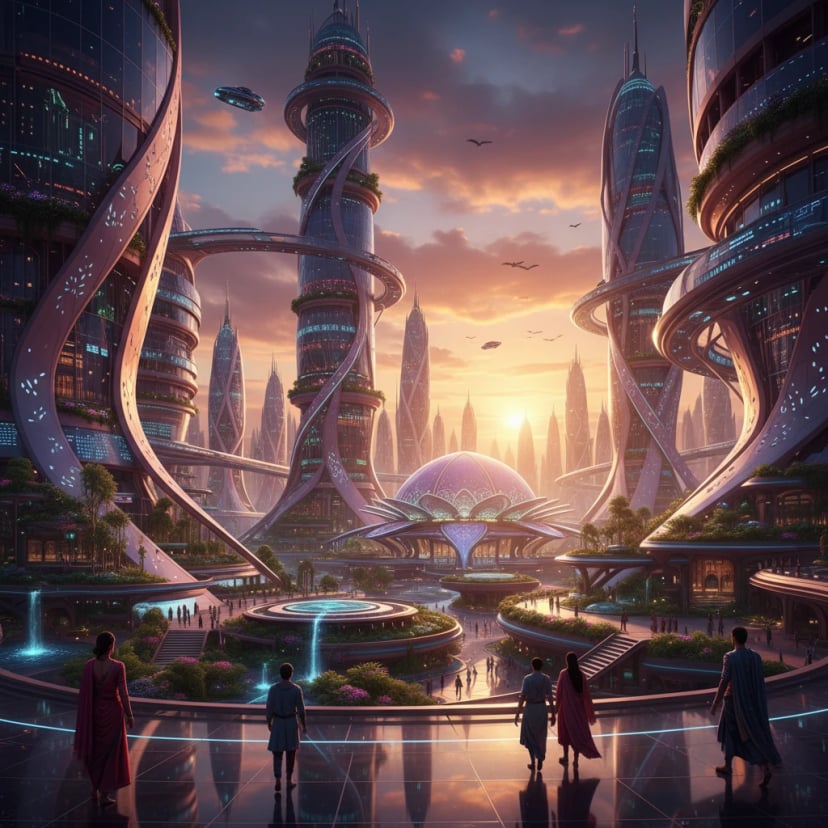 Futuristic Indian city with modern architecture and vibrant sunset sky - AI image generator showcase