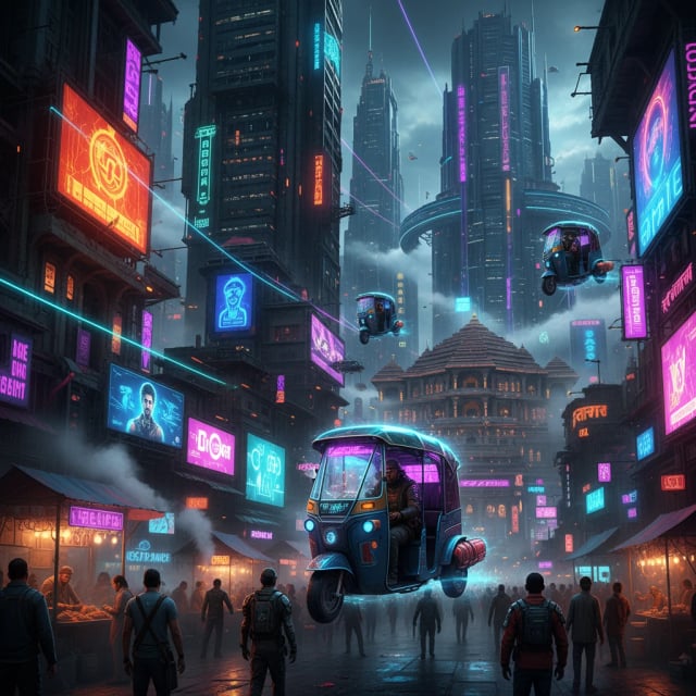 Futuristic cyberpunk India with neon lights and flying rickshaw - AI image generation inspiration example