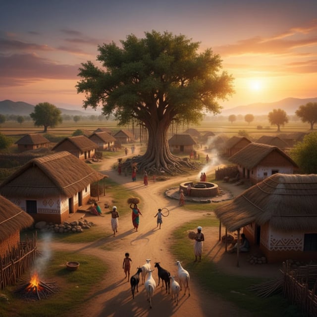 Beautiful Indian village scene with traditional architecture and sunset lighting - AI art inspiration