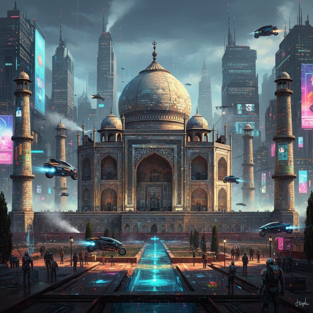 Taj Mahal cyberpunk version with neon lights and futuristic style - AI-generated artwork inspiration