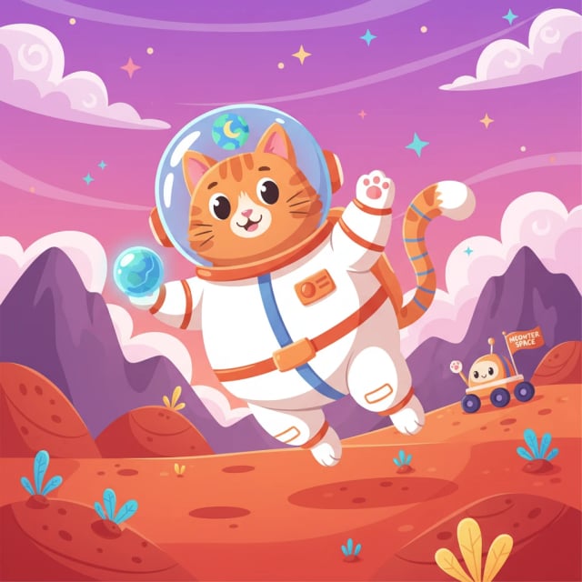 Cat wearing spacesuit on Mars in cute cartoon style - Fun AI illustration inspiration