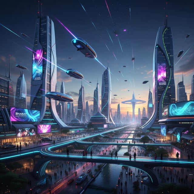 Futuristic Indian cityscape with modern architecture and flying vehicles - AI art creation inspiration