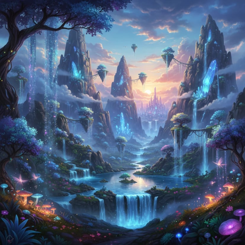 Fantasy landscape with mountains and magical elements - Dreamy AI-generated artwork