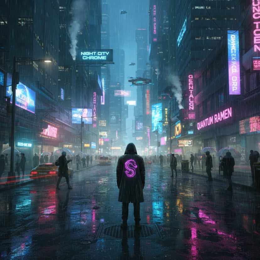 Cyberpunk street scene with neon signs and rain reflections - Moody night time AI art