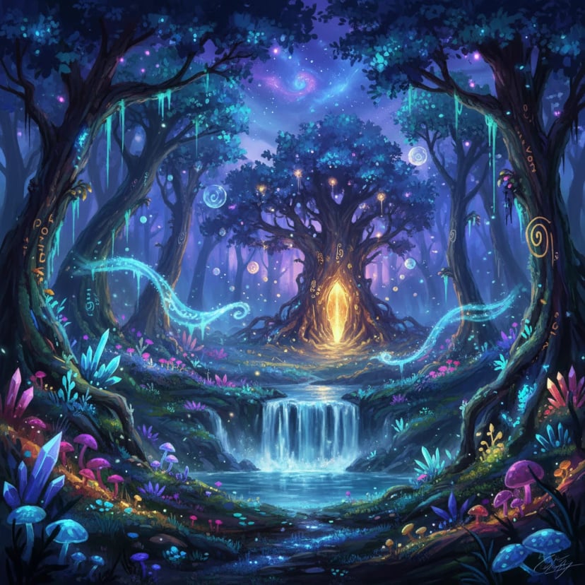 Digital art of mystical forest with glowing elements - Fantasy style AI-generated image