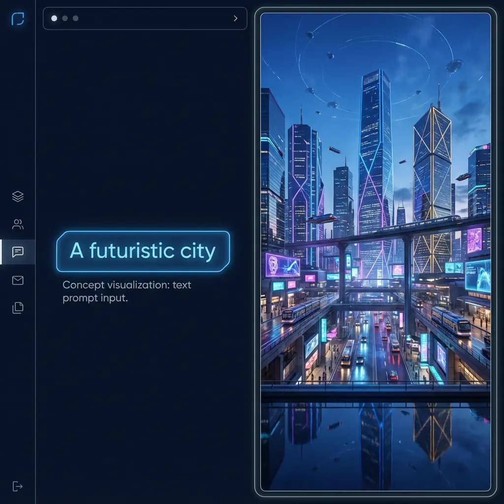 AI टेक्स्ट टू इमेज जेनरेटर - टेक्स्ट प्रॉम्प्ट और भविष्यवादी शहर का परिणाम