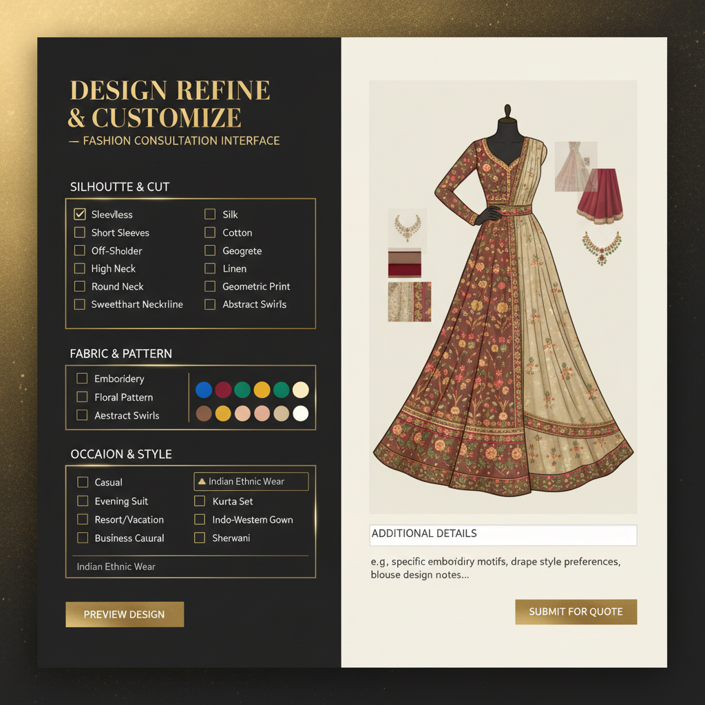 Add specific fashion design details: sleeve style, neck design, patterns, and occasion for custom outfit creation