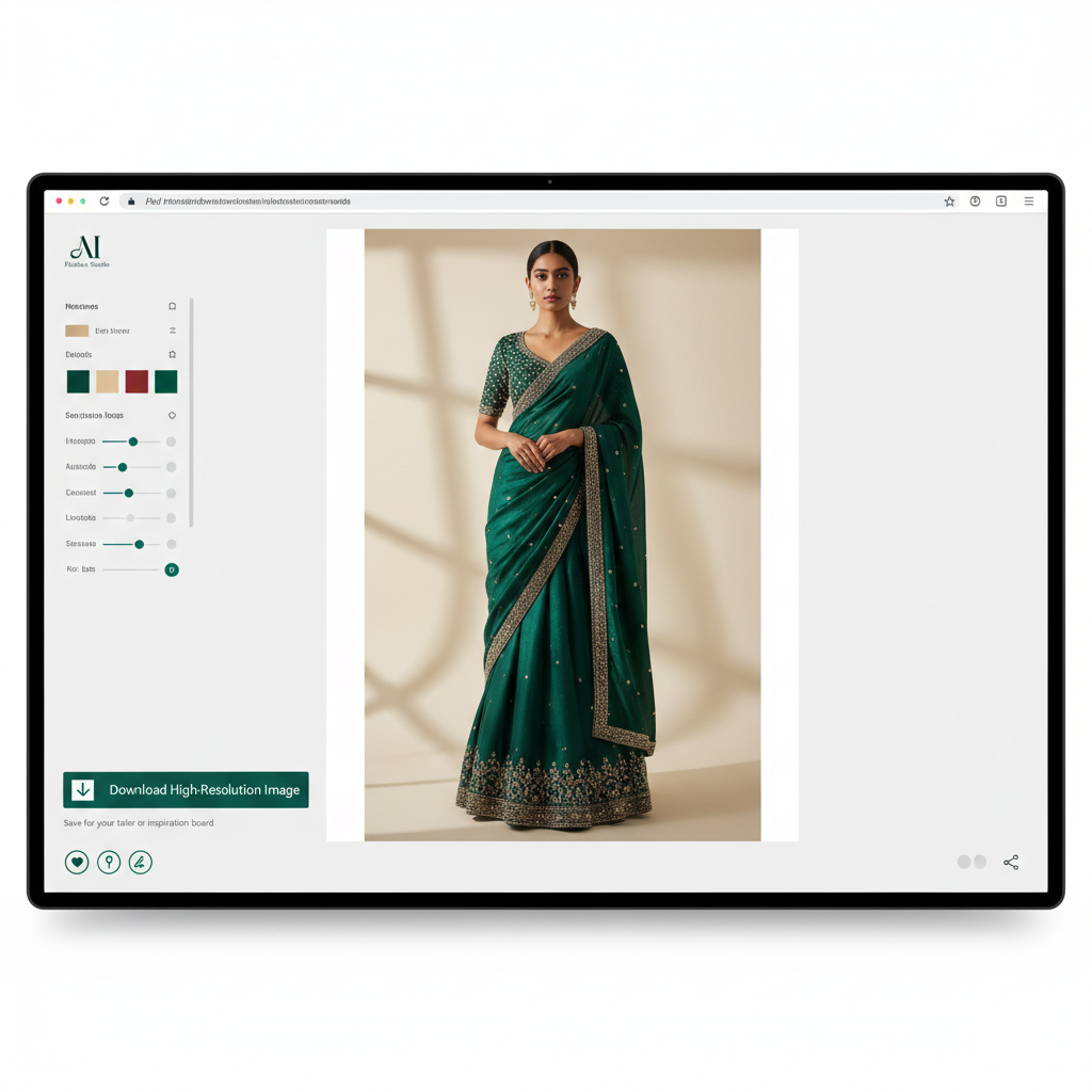 View realistic AI generated fashion design with model wearing custom Indian ethnic wear for tailor reference
