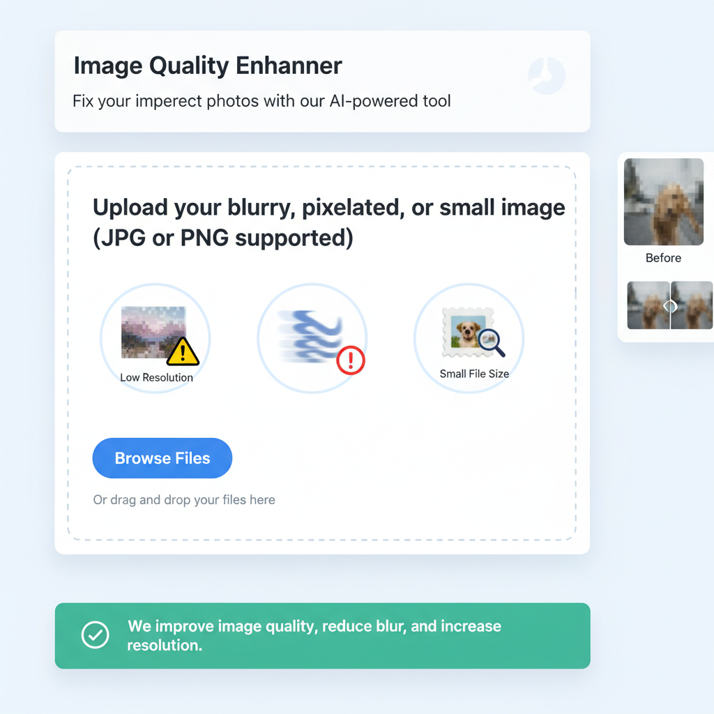 AI image upscaler tool - Step 1: Upload blurry, pixelated or low resolution photo to enhance quality and increase resolution