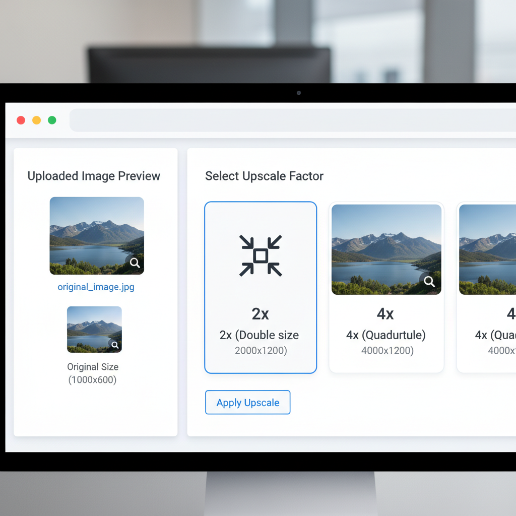 Choose upscale factor: 2x double size or 4x quadruple size to enhance image clarity and sharpness for printing