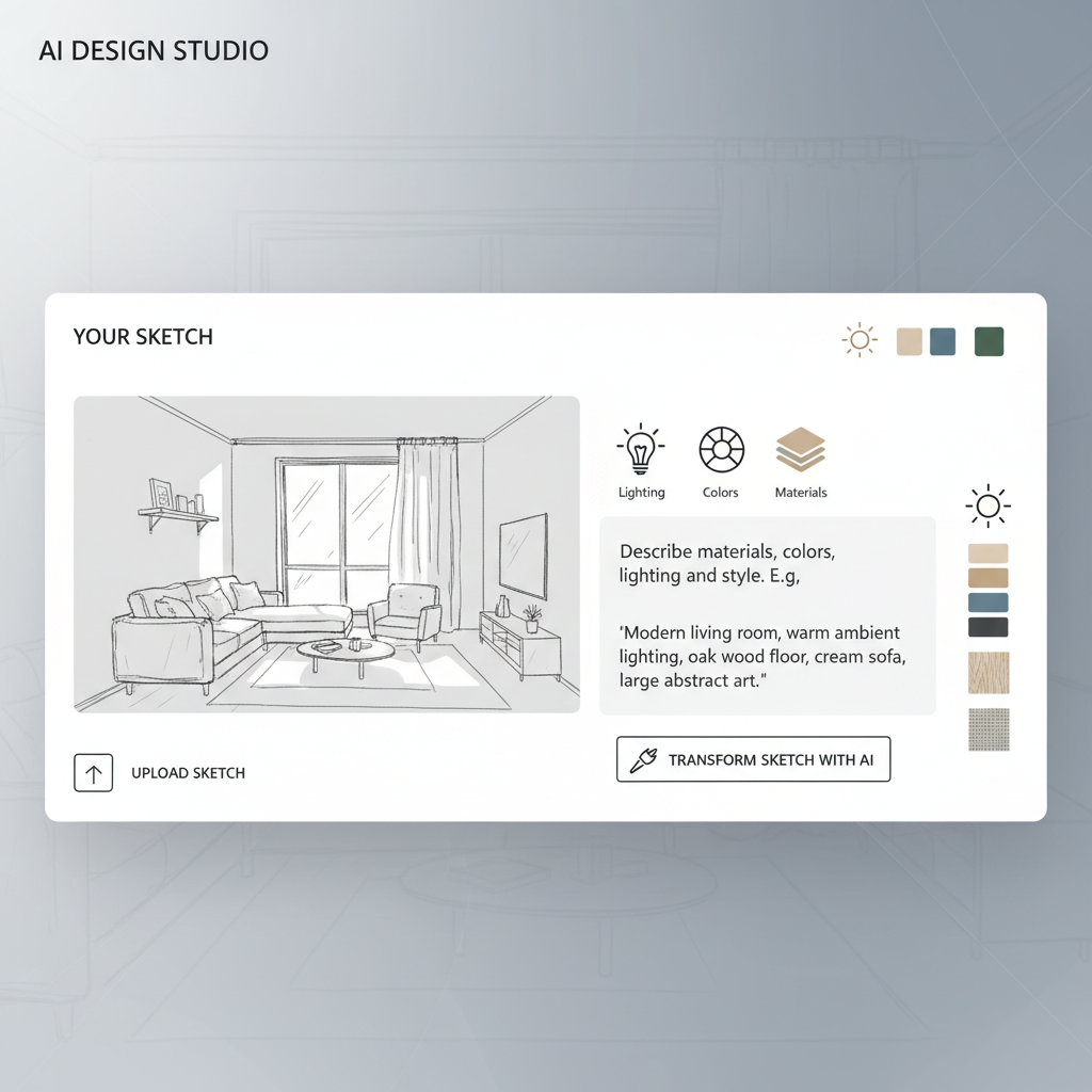 Add text prompt describing materials, colors, lighting and style to guide AI sketch transformation into realistic photo