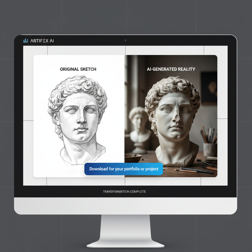 Download photorealistic image transformed from sketch with professional textures, lighting and details for architects and designers