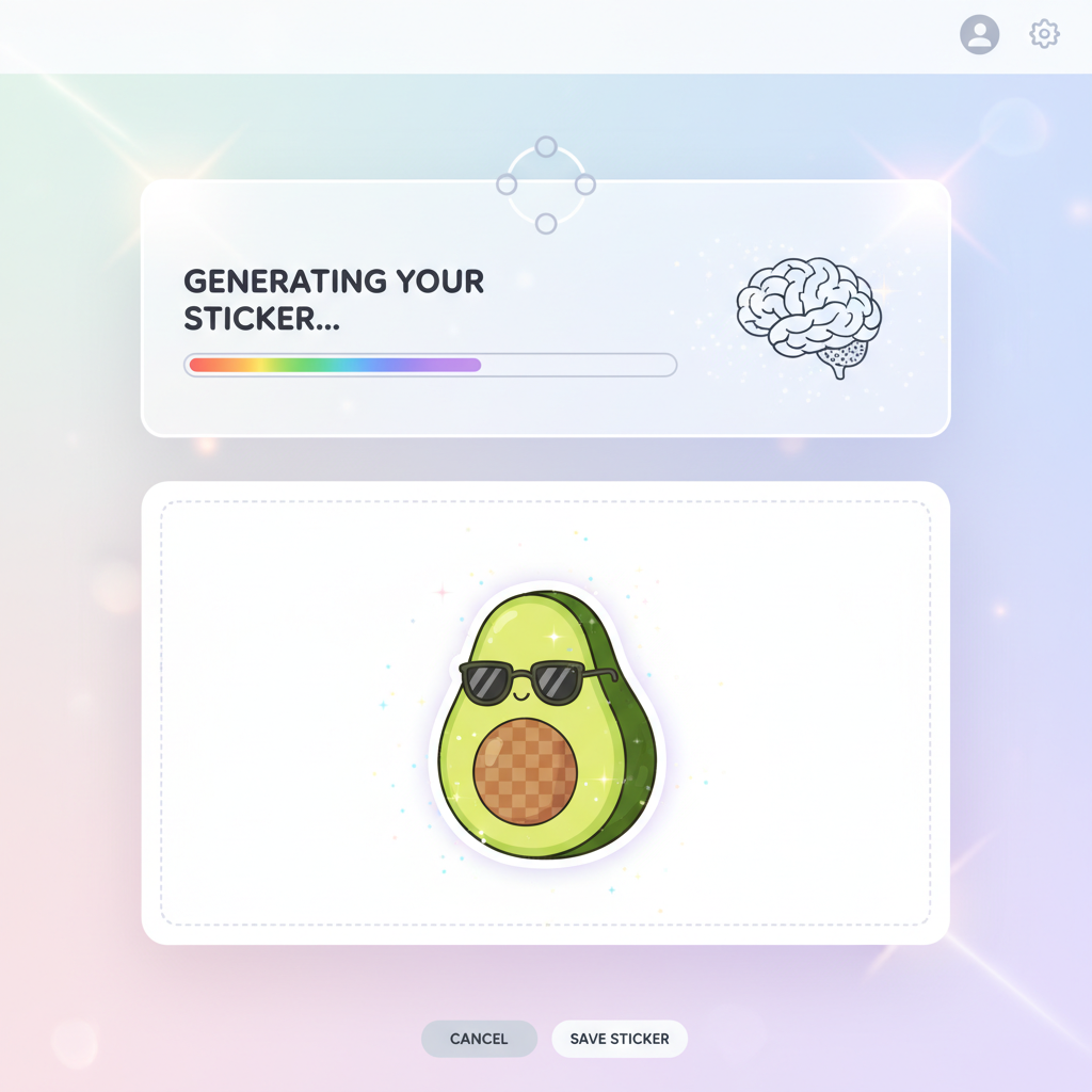 AI sticker generator creating custom WhatsApp sticker with white border and transparent background